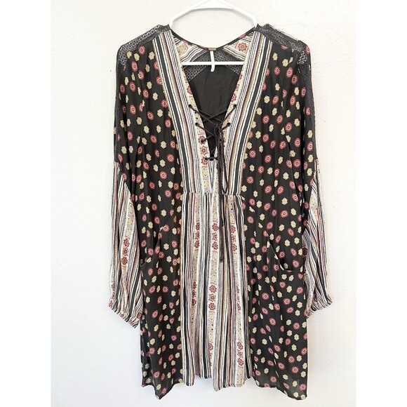 Free People Rain Or Shine Tunic Dress Poppy Combo Black Floral Longsleeve Boho M - Picture 2 of 10